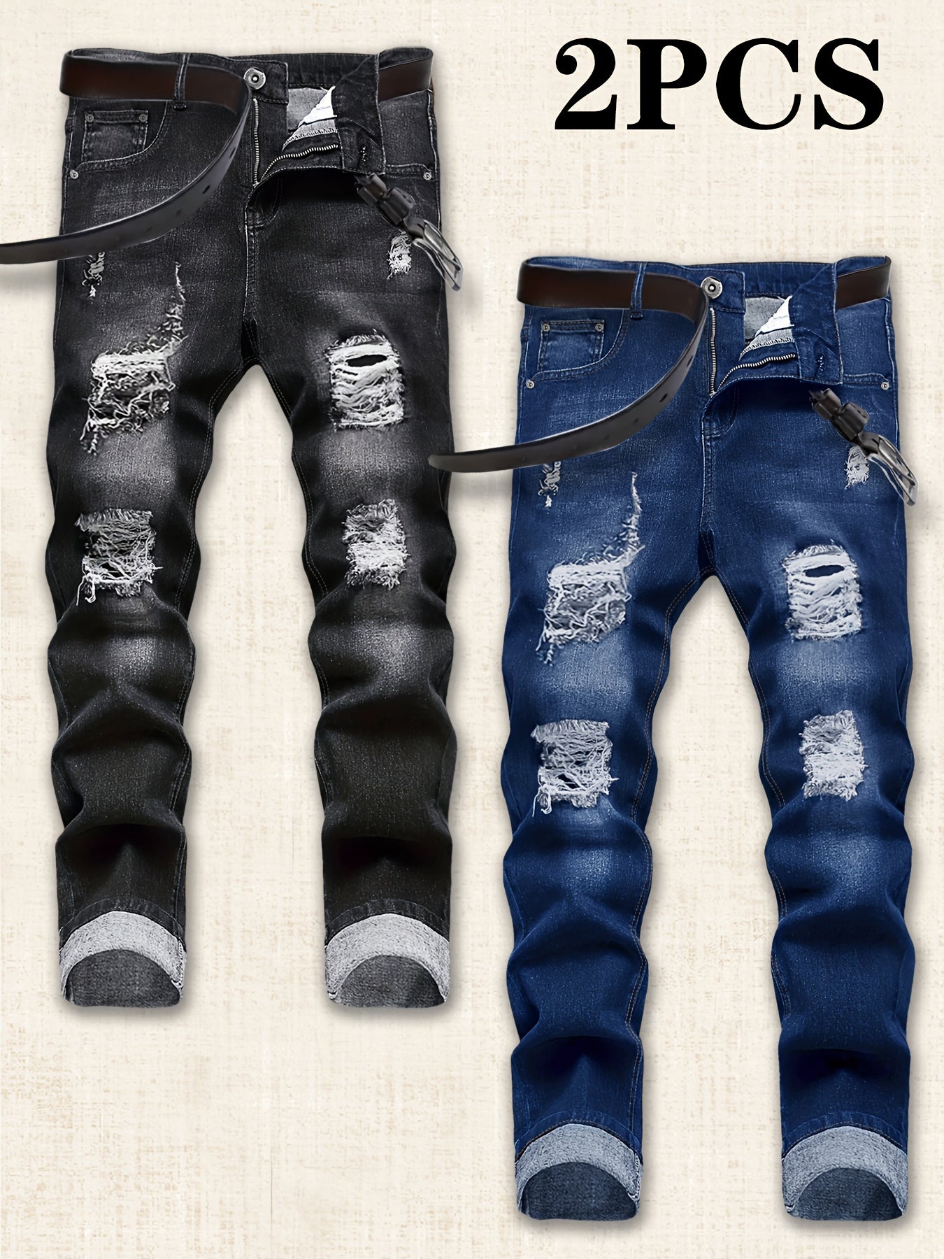 Men's Slim Fit Jeans - Classic Wash Distressed – Black+Blue Denim Slim-Fit – Black option – view 2