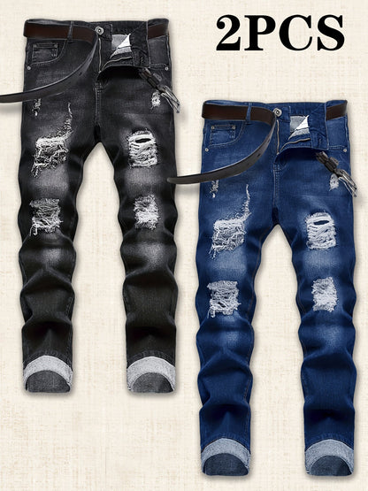 Men's Slim Fit Jeans - Classic Wash Distressed – Black+Blue Denim Slim-Fit – Black option – view 2
