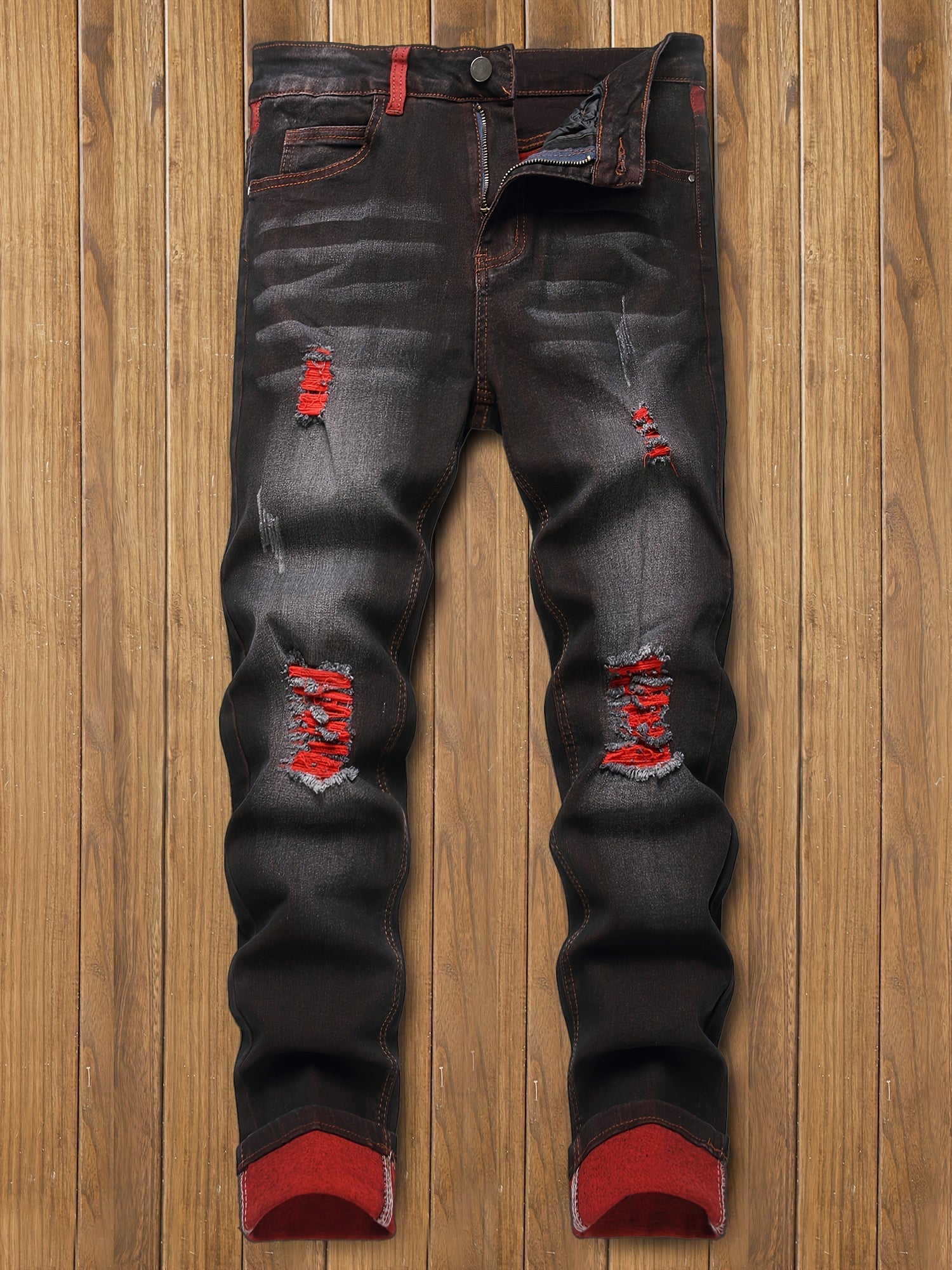 Men's Slim Fit Jeans - Classic Wash Distressed – Black Red – view 6