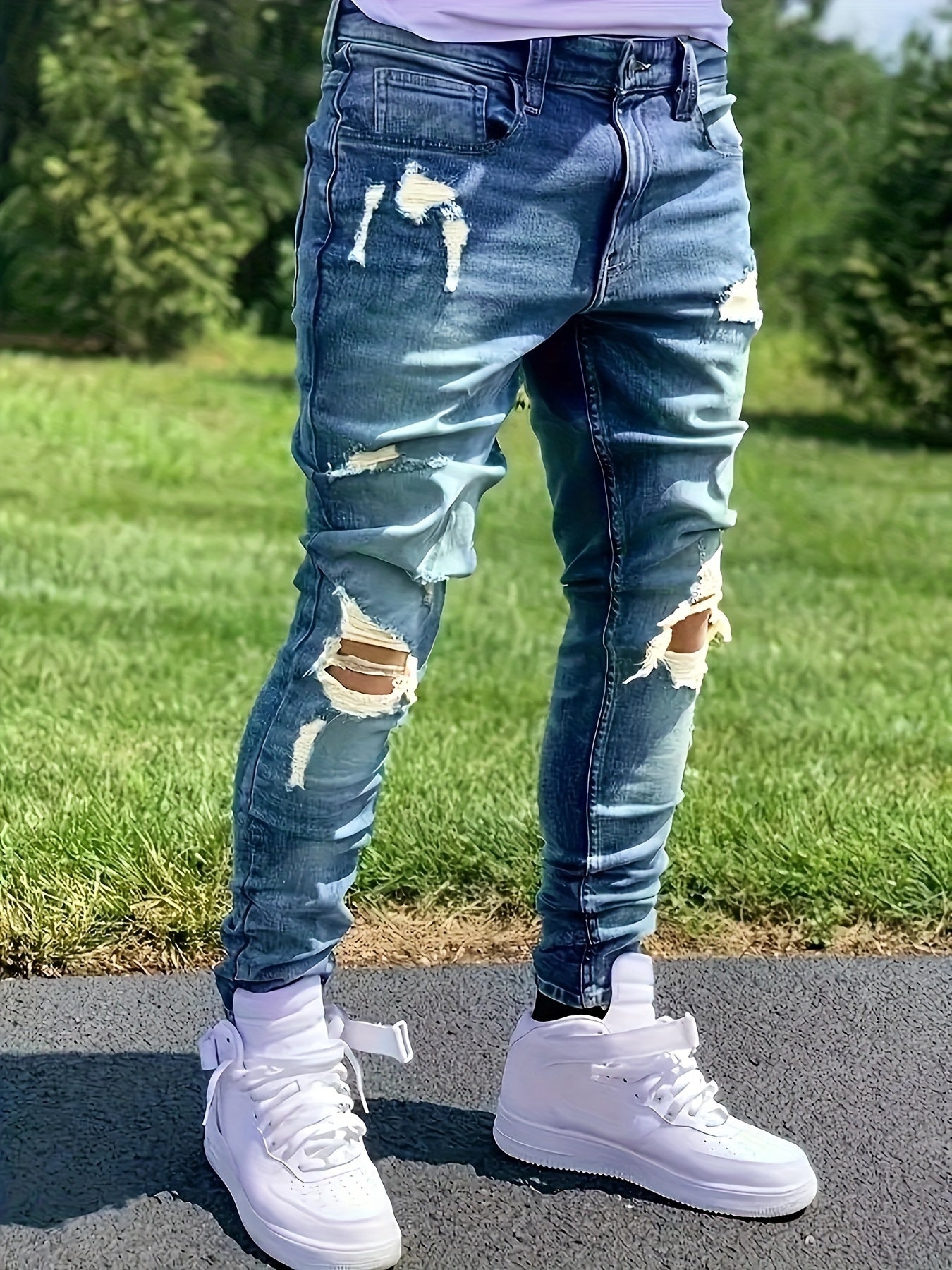 Men's Slim Fit Jeans - Classic Wash Distressed – Blue Denim Wash 71941 – view 6