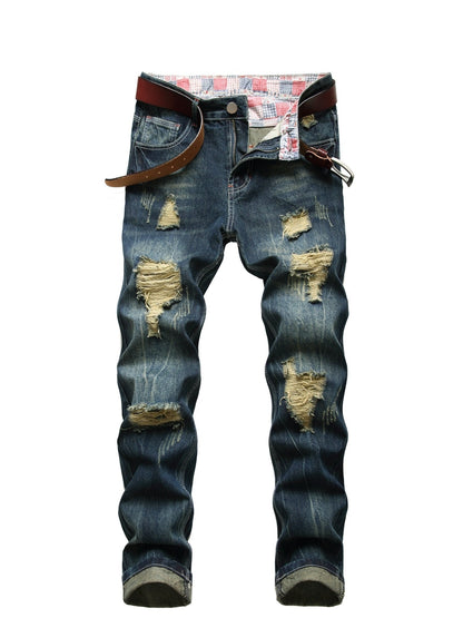 Men's Slim Fit Jeans - Classic Wash Distressed – Dark Blue – view 5