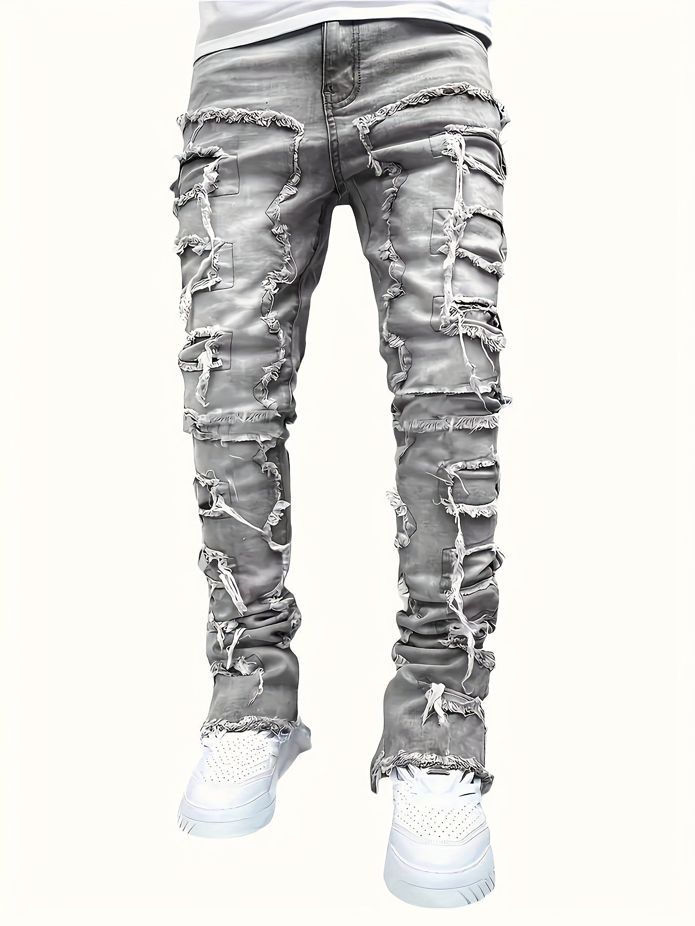 Men's Slim Fit Jeans - Classic Wash Distressed – Khaki Denim – view 2