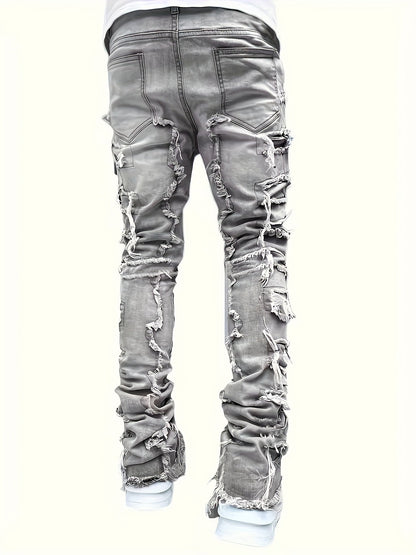 Men's Slim Fit Jeans - Classic Wash Distressed – Khaki Denim – view 7