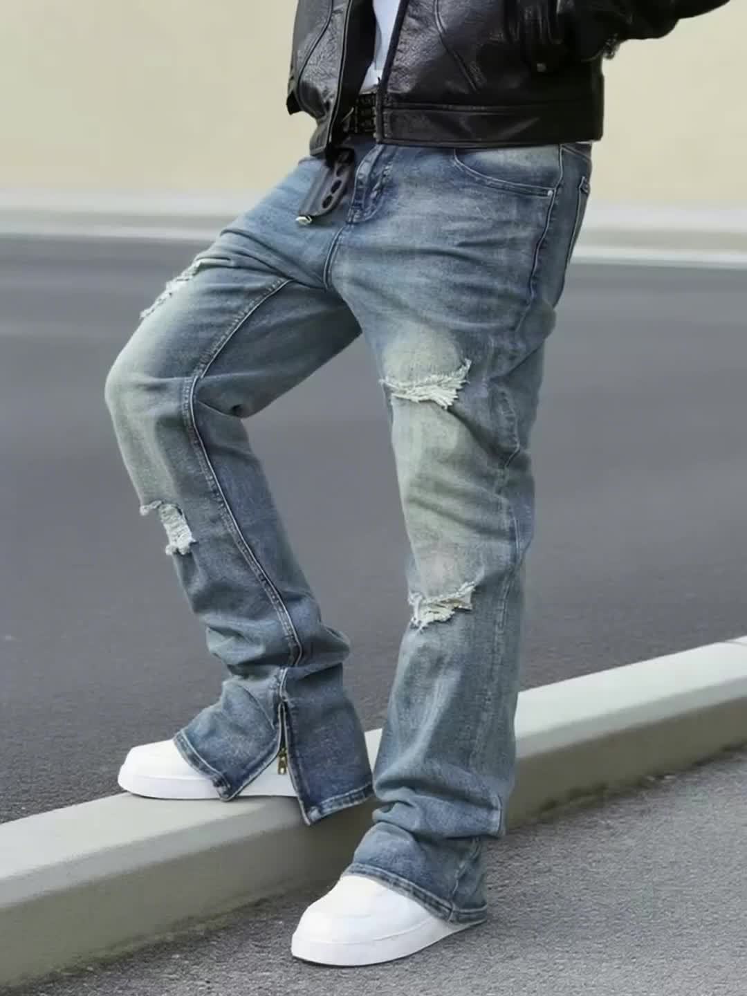 Men's Slim Fit Jeans - Classic Wash Distressed – Mid Rise / Blue – view 3