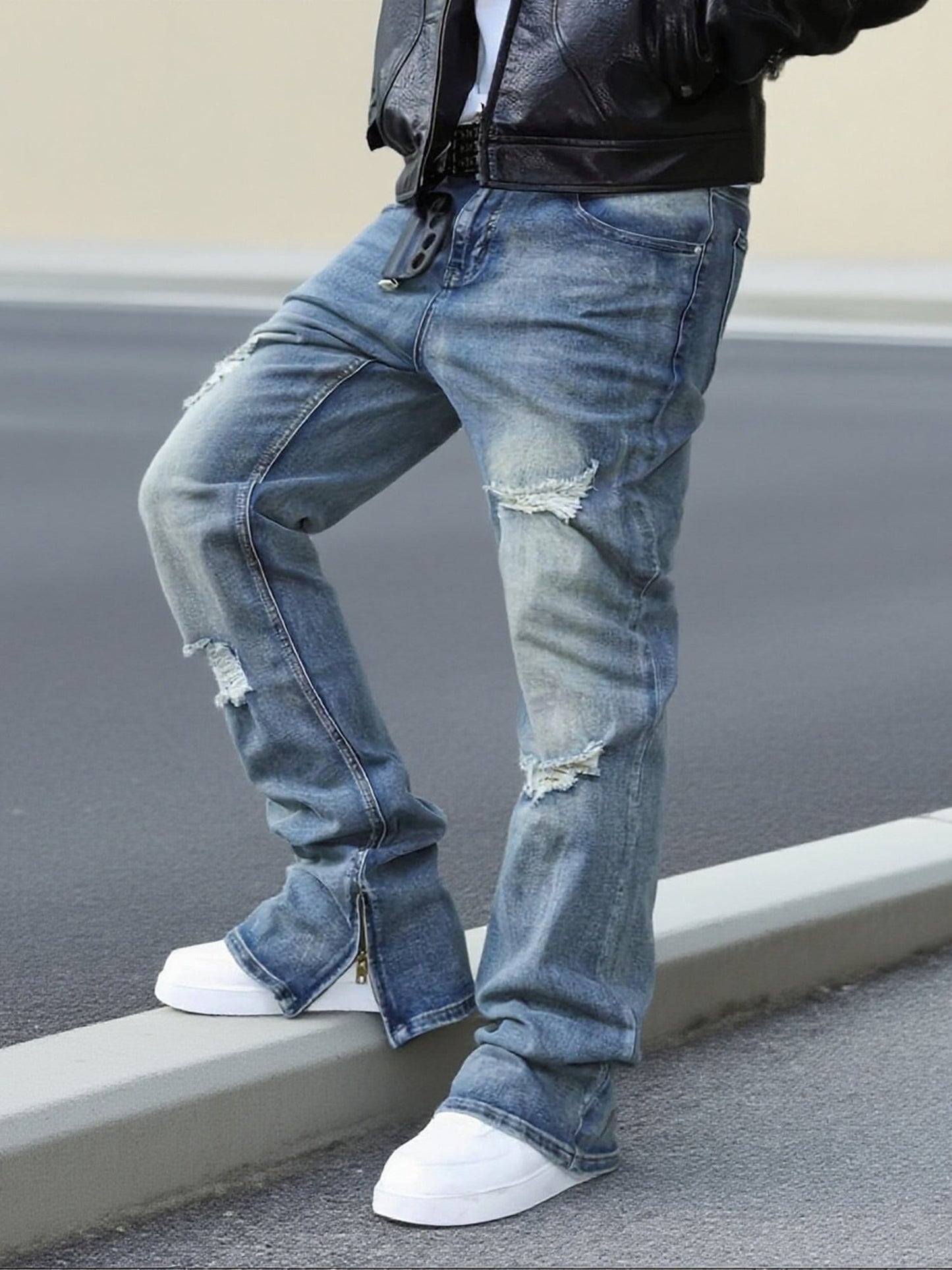 Men's Slim Fit Jeans - Classic Wash Distressed – Mid Rise / Blue – view 6