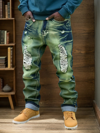Men's Slim Fit Jeans - Classic Wash Distressed – Olive – view 6