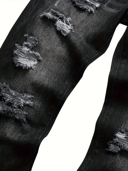Men's Slim Fit Jeans - Classic Wash Distressed Streetwear – Black – view 8