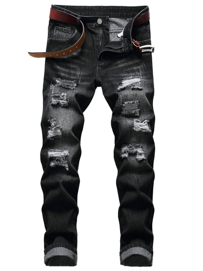 Men's Slim Fit Jeans - Classic Wash Distressed Streetwear – Black – Black option – main product image