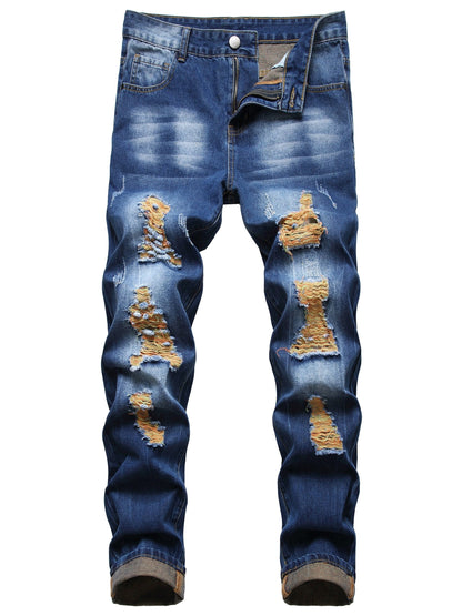 Men's Slim Fit Jeans - Classic Wash Distressed Streetwear – Dark Blue – view 5