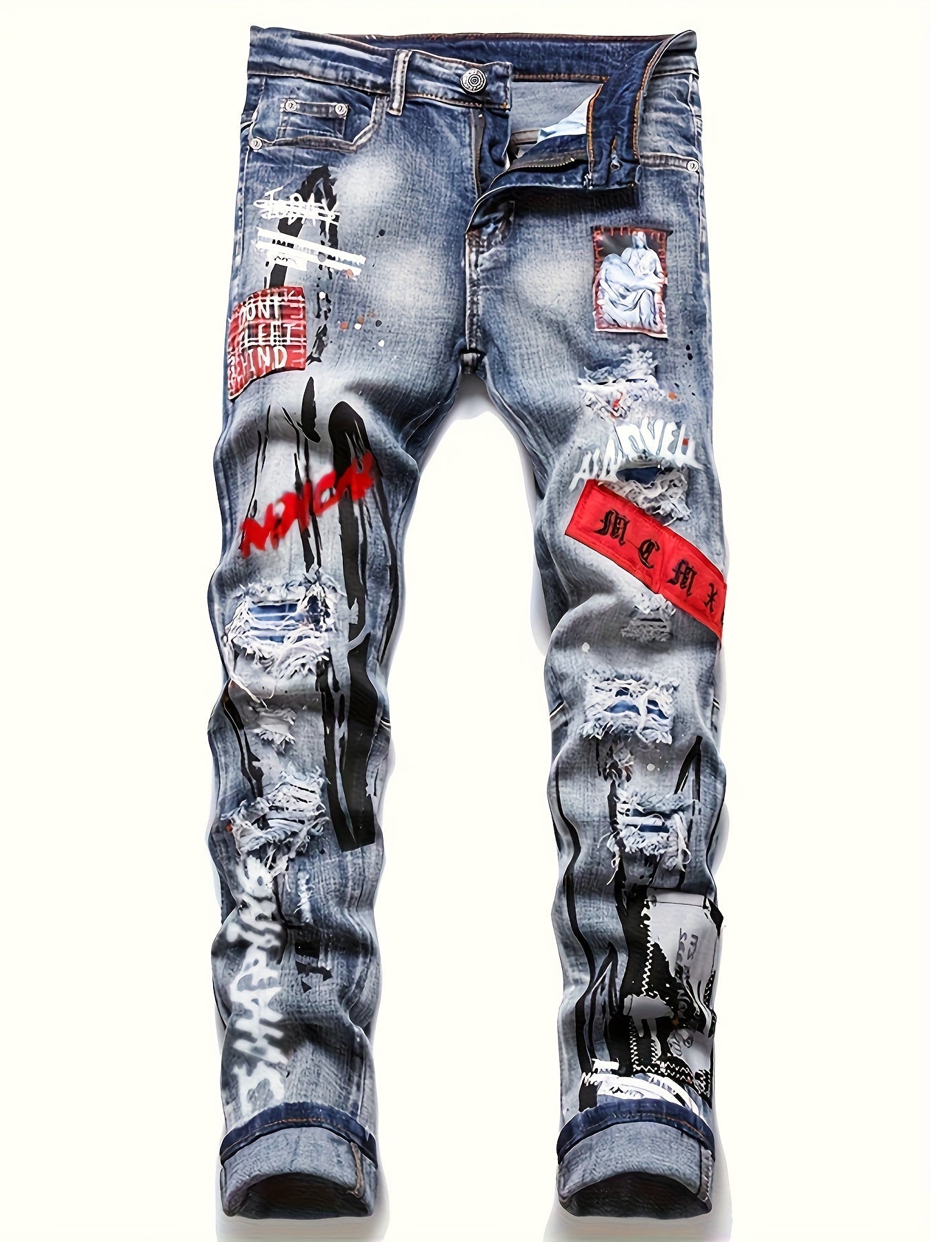 Men's Slim Fit Jeans - Vintage Wash Distressed – Blue – view 6