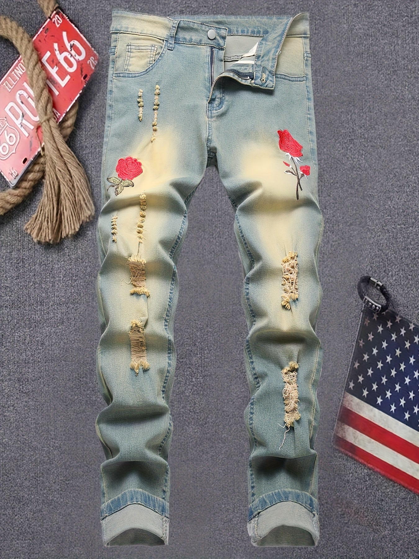 Men's Slim Fit Jeans - Vintage Wash Distressed – Sizes 30–36 – Yellow option – main product image