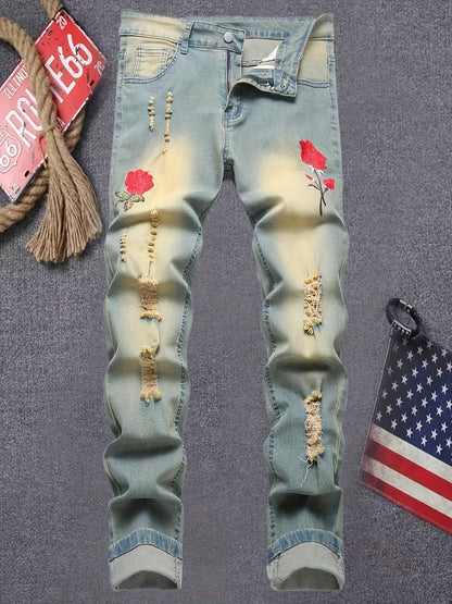 Men's Slim Fit Jeans - Vintage Wash Distressed – Sizes 30–36 – Yellow option – main product image