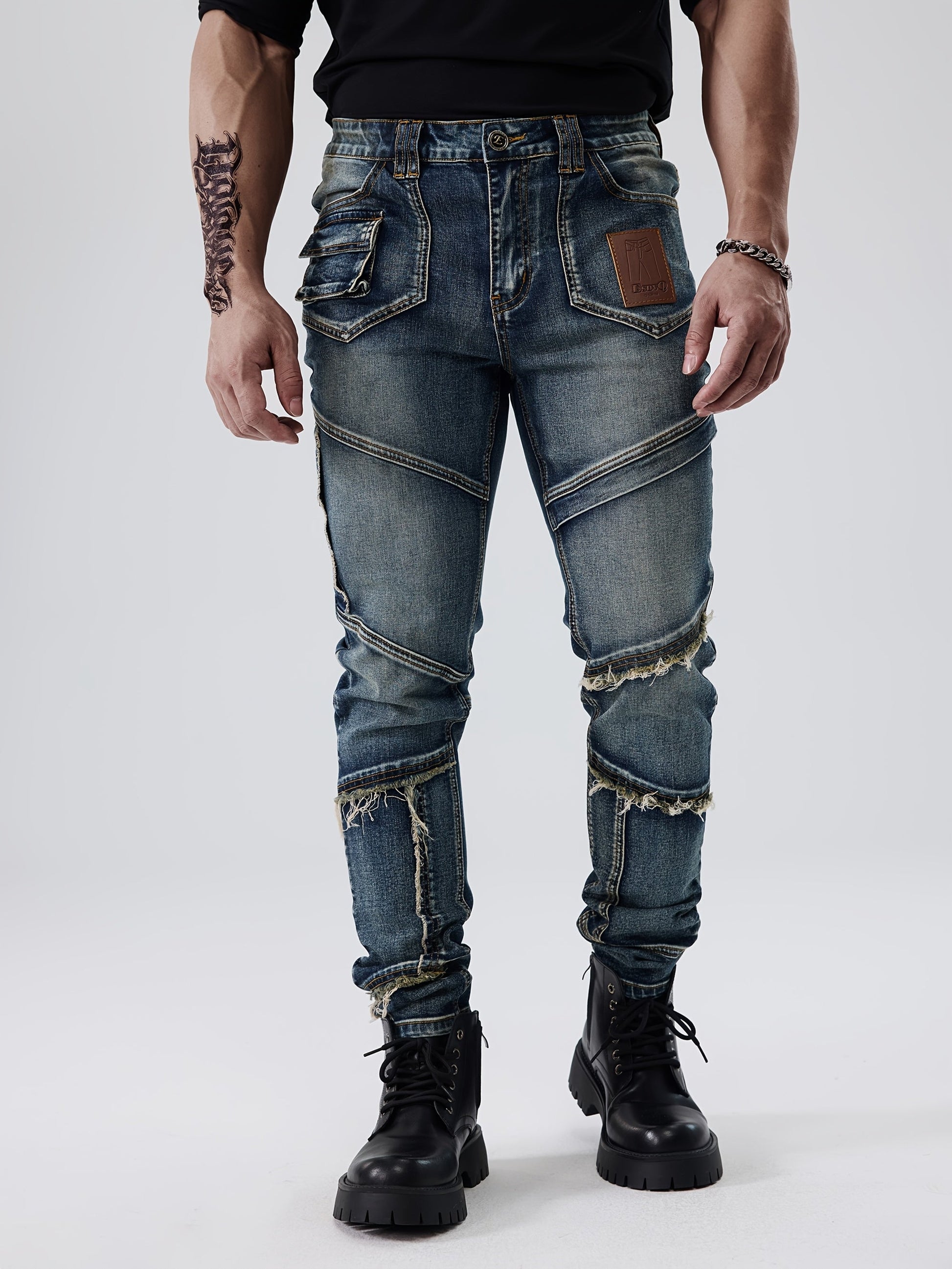 Men's Slim Fit Jeans - Vintage Wash Patchwork – Blue option – main product image