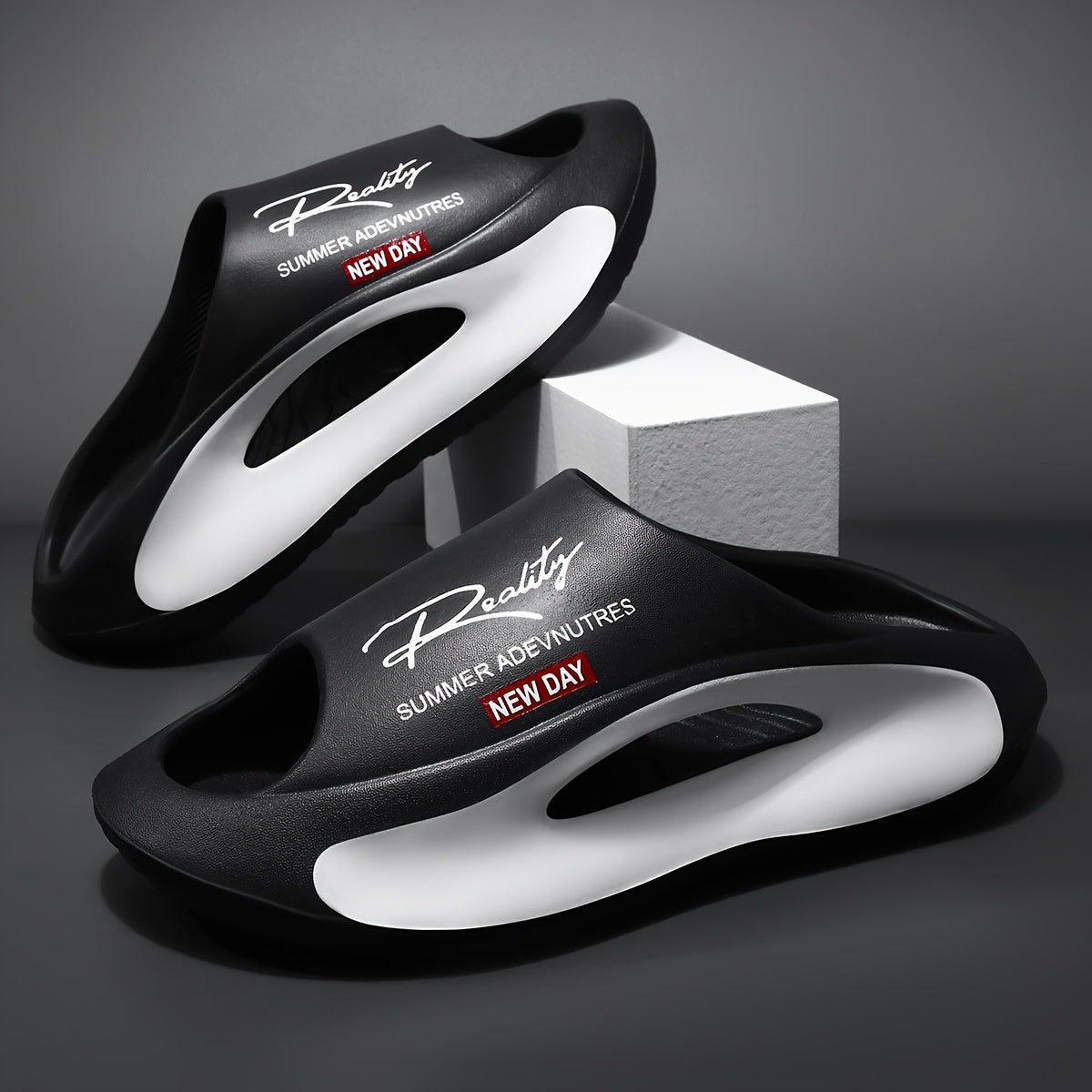 Men's Slippers - Non-Slip Sole & Breathable Comfort – Black / White – main product image