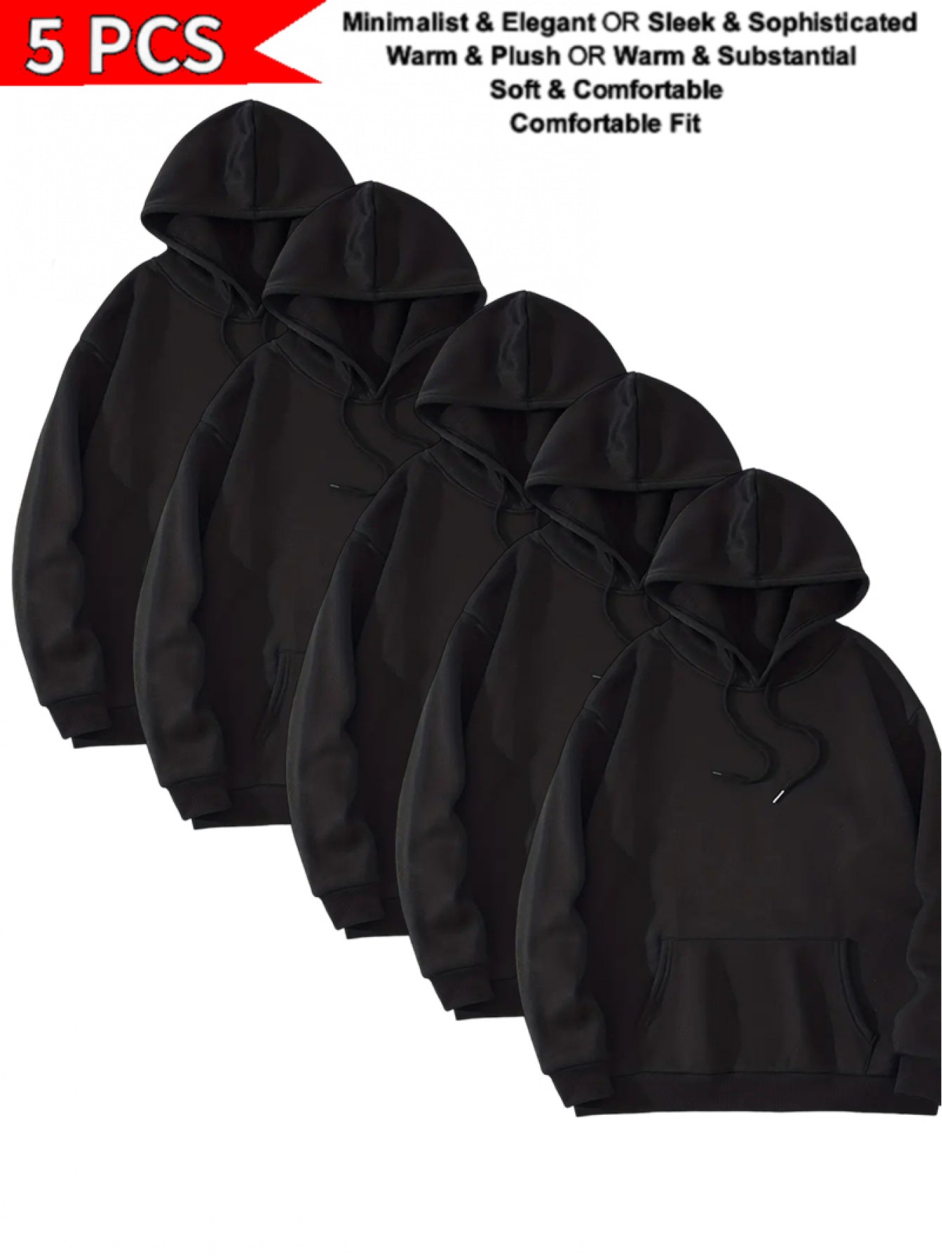 Men's Solid Color Hoodies - 5-Pack Pocket Sweatshirts – Black option – view 2