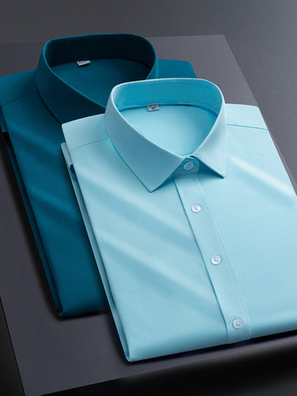 Men's Solid Color Shirt - Collared Long Sleeve – White / Light Blue – view 2