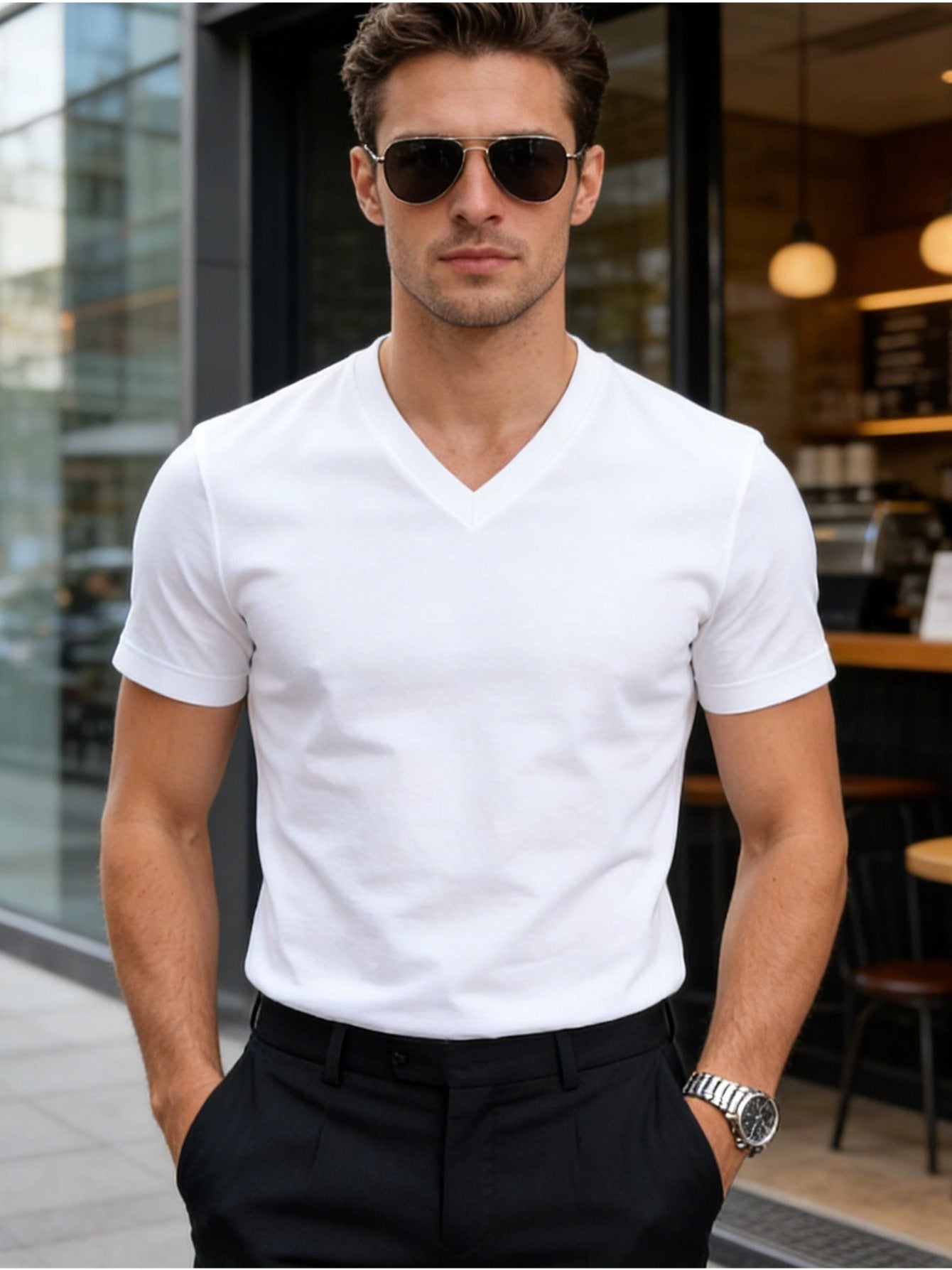 Men's Solid Color T-Shirt - V-Neck Short Sleeve – view 6