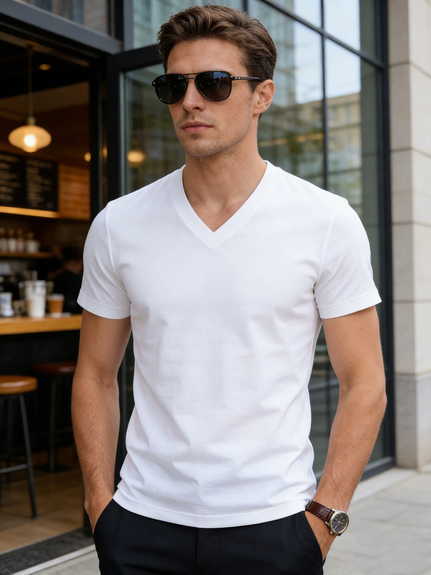 Men's Solid Color T-Shirt - V-Neck Short Sleeve – view 7