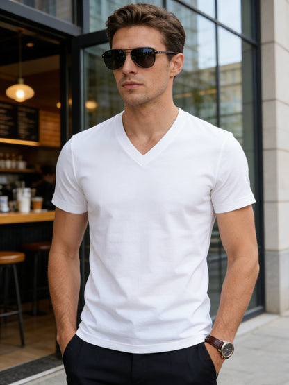 Men's Solid Color T-Shirt - V-Neck Short Sleeve – view 7