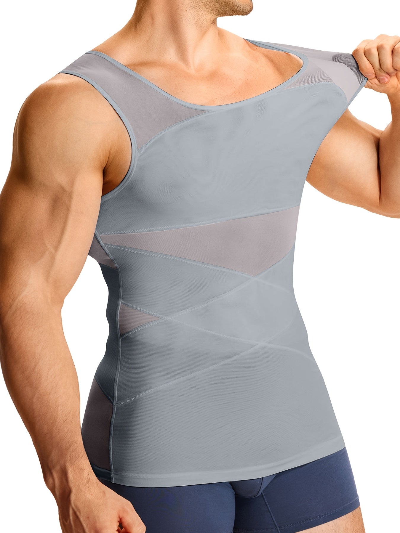 Men's Solid Color Tank Top - Sleeveless – Light Beige Knit – view 2