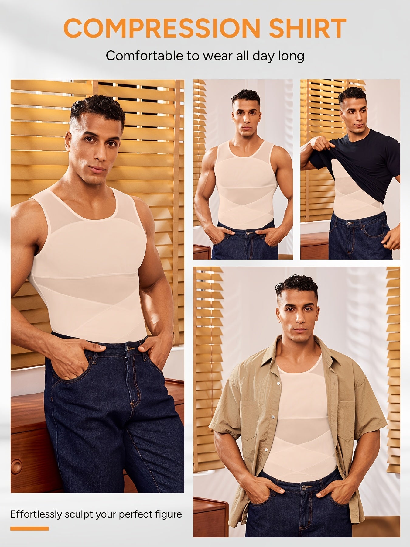 Men's Solid Color Tank Top - Sleeveless – Light Beige Knit – view 16