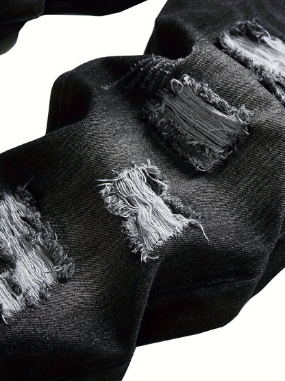 Men's Straight Leg Jeans - Black Denim Distressed – view 4