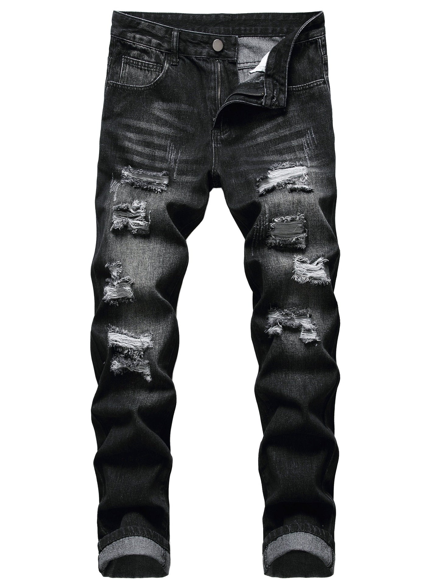 Men's Straight Leg Jeans - Black Denim Distressed – view 5