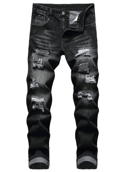 Men's Straight Leg Jeans - Black Denim Distressed – view 5
