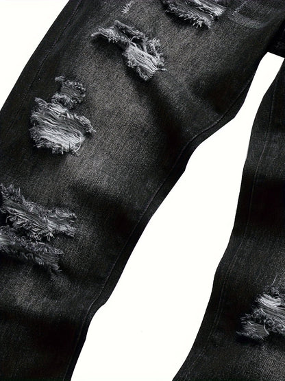 Men's Straight Leg Jeans - Black Denim Distressed – view 7