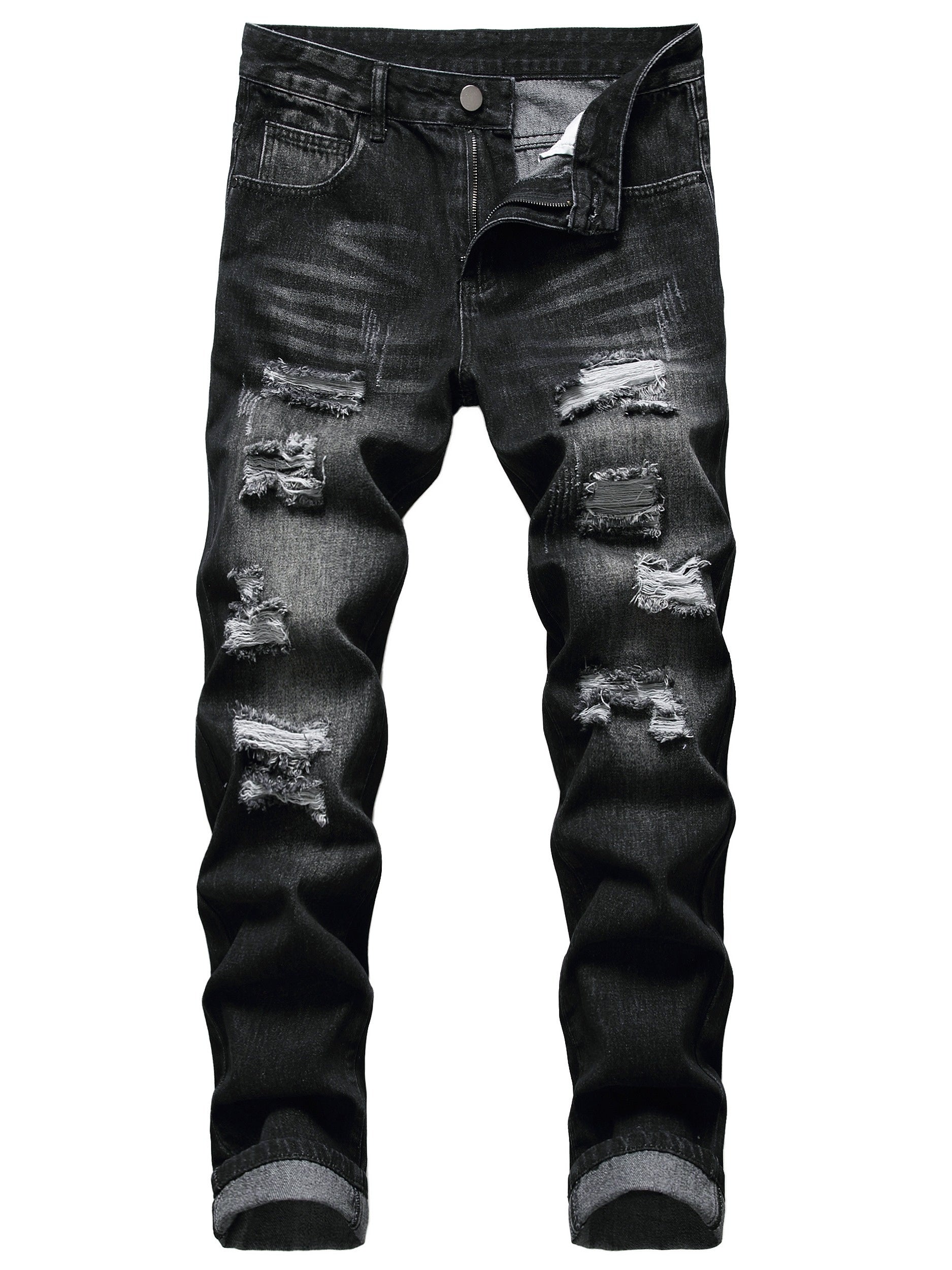Men's Straight Leg Jeans - Black Denim Distressed – Black option – main product image