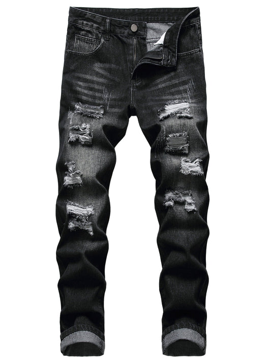 Men's Straight Leg Jeans - Black Denim Distressed – Black option – main product image