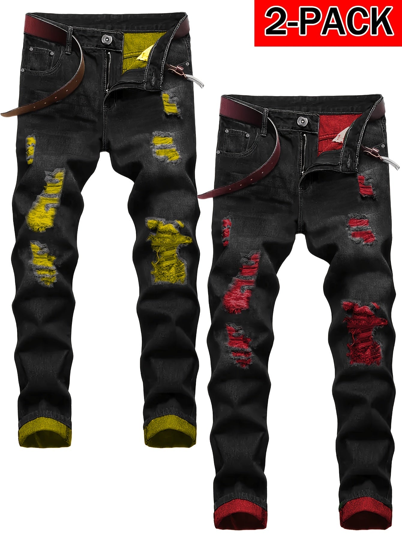 Men's Straight Leg Jeans - Classic Wash Distressed – Sizes 30–40 – Black option – view 3