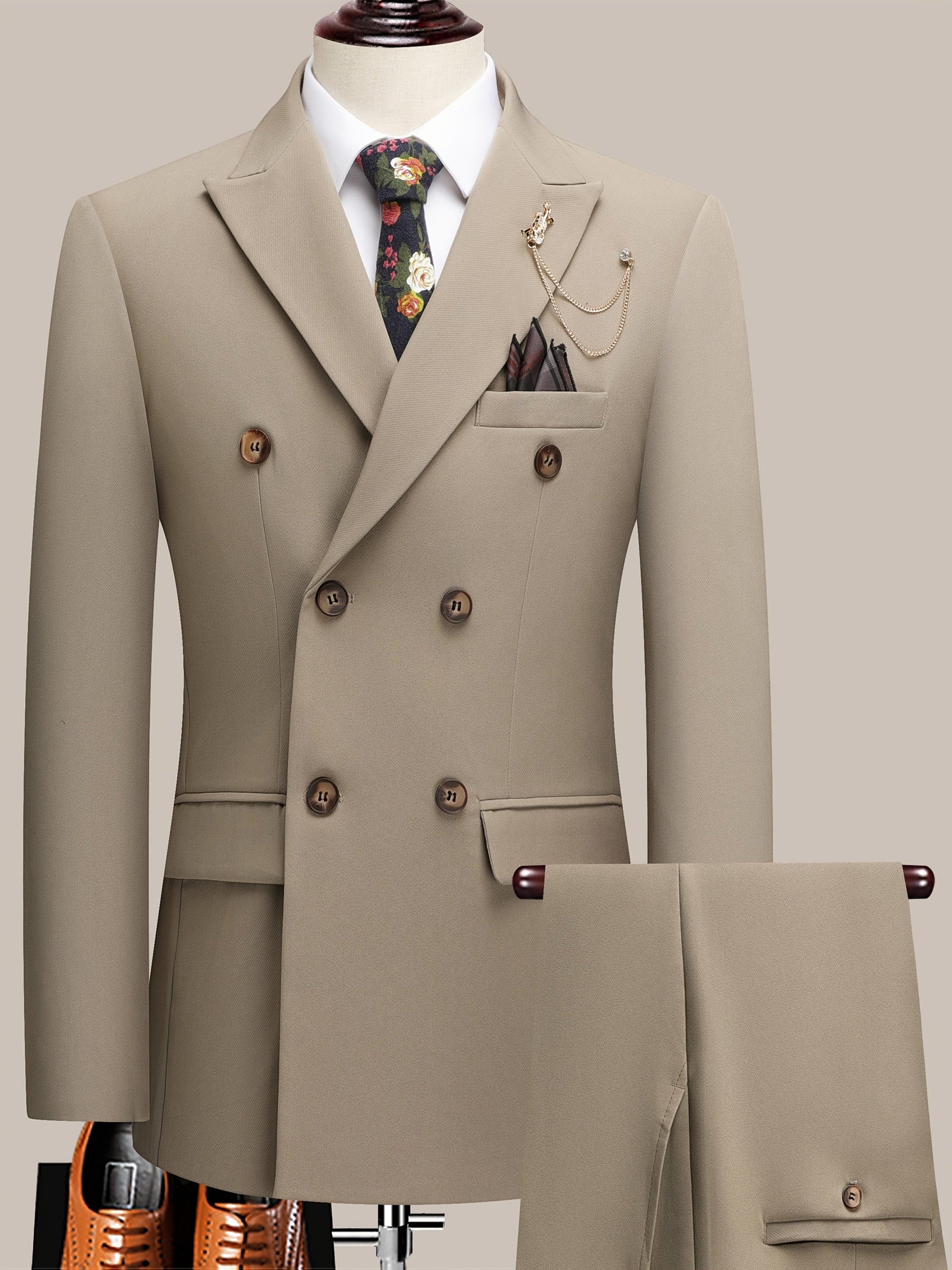 Men's Suit Set – Men's Beige Viscose Long-Sleeve Dress – view 13