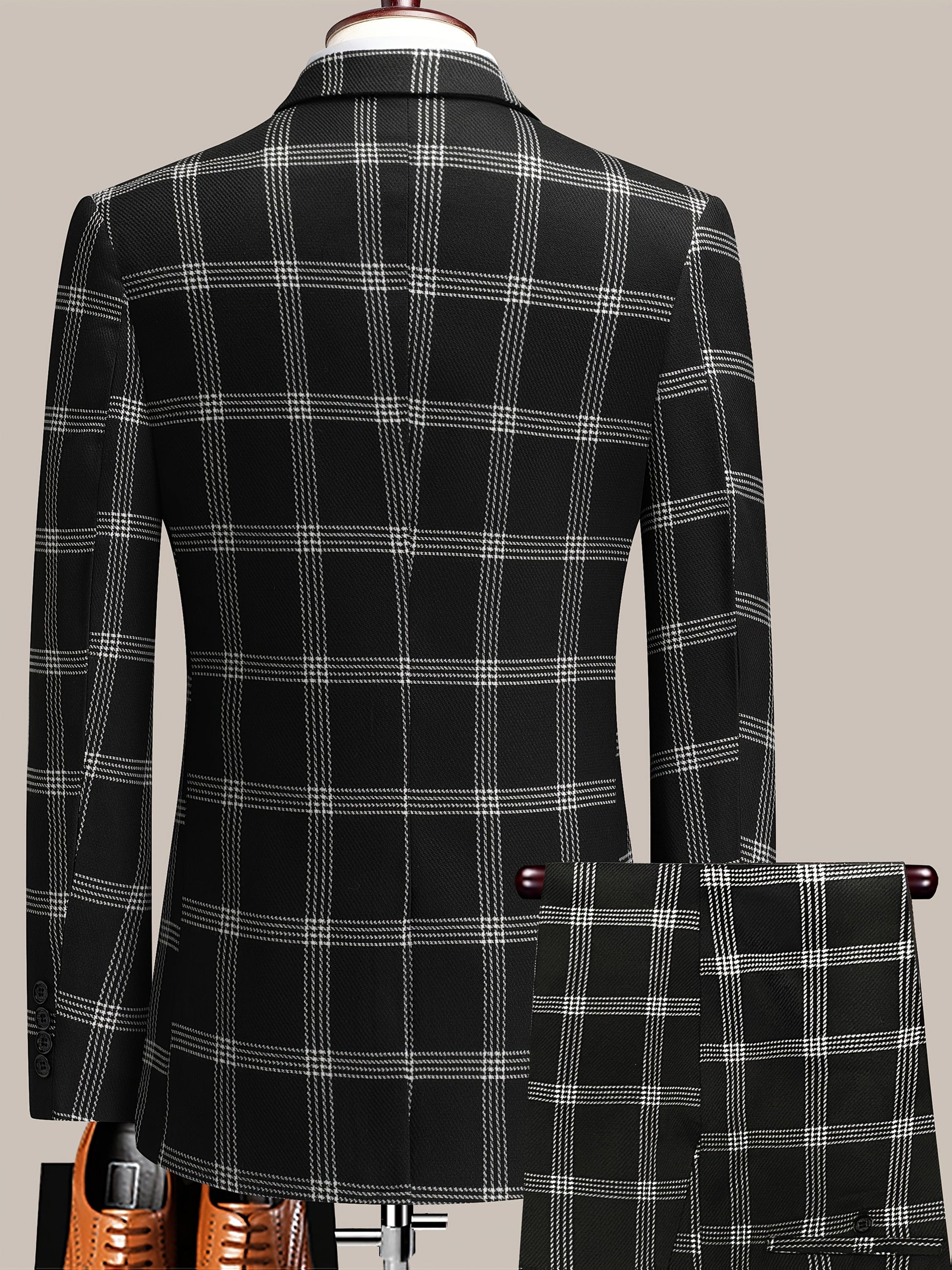 Men's Suit Set – Men's Black Grid Polyester Slim-Fit Dress – view 4