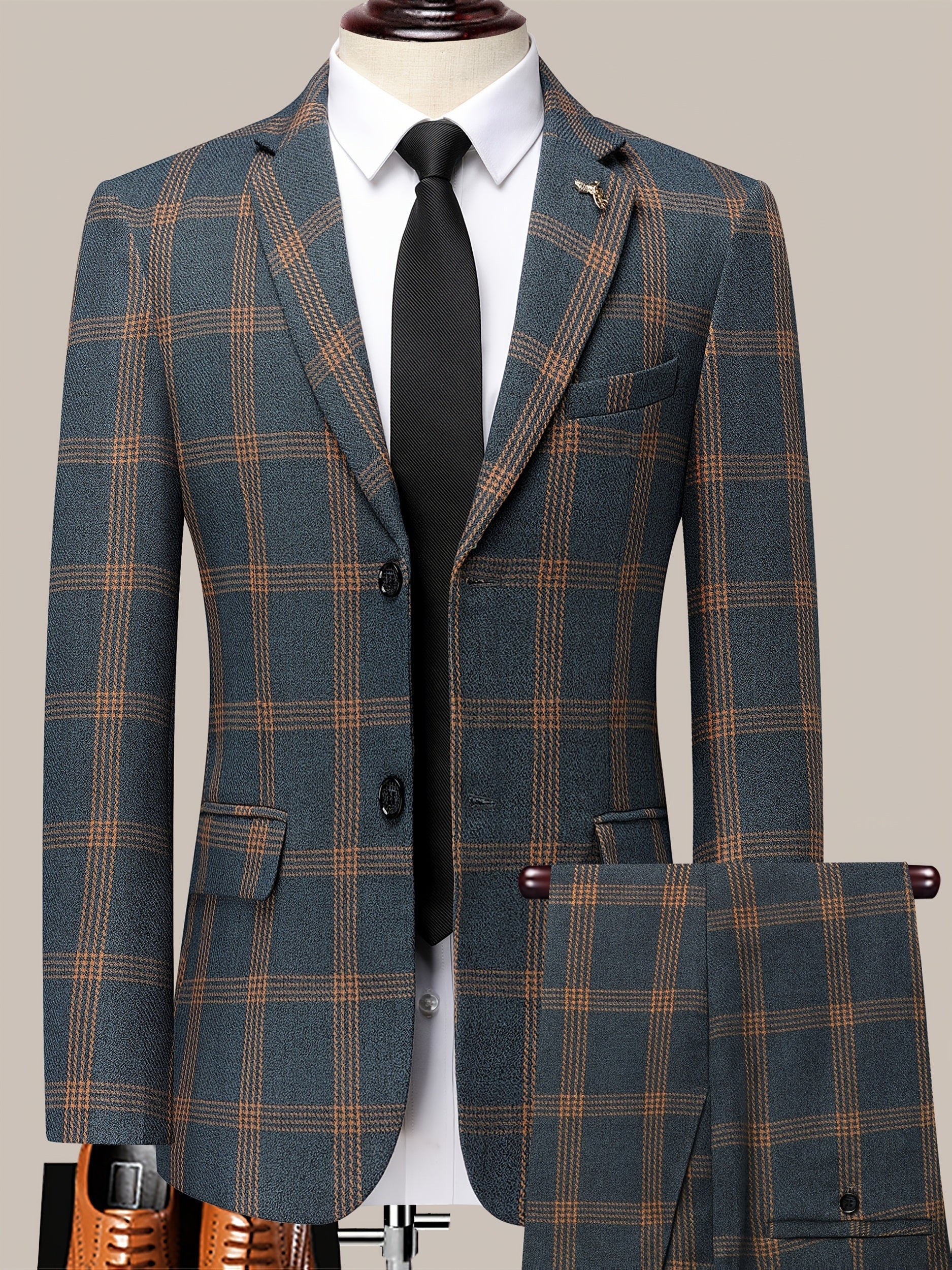 Men's Suit Set – Men's Black Grid Polyester Slim-Fit Dress – view 16