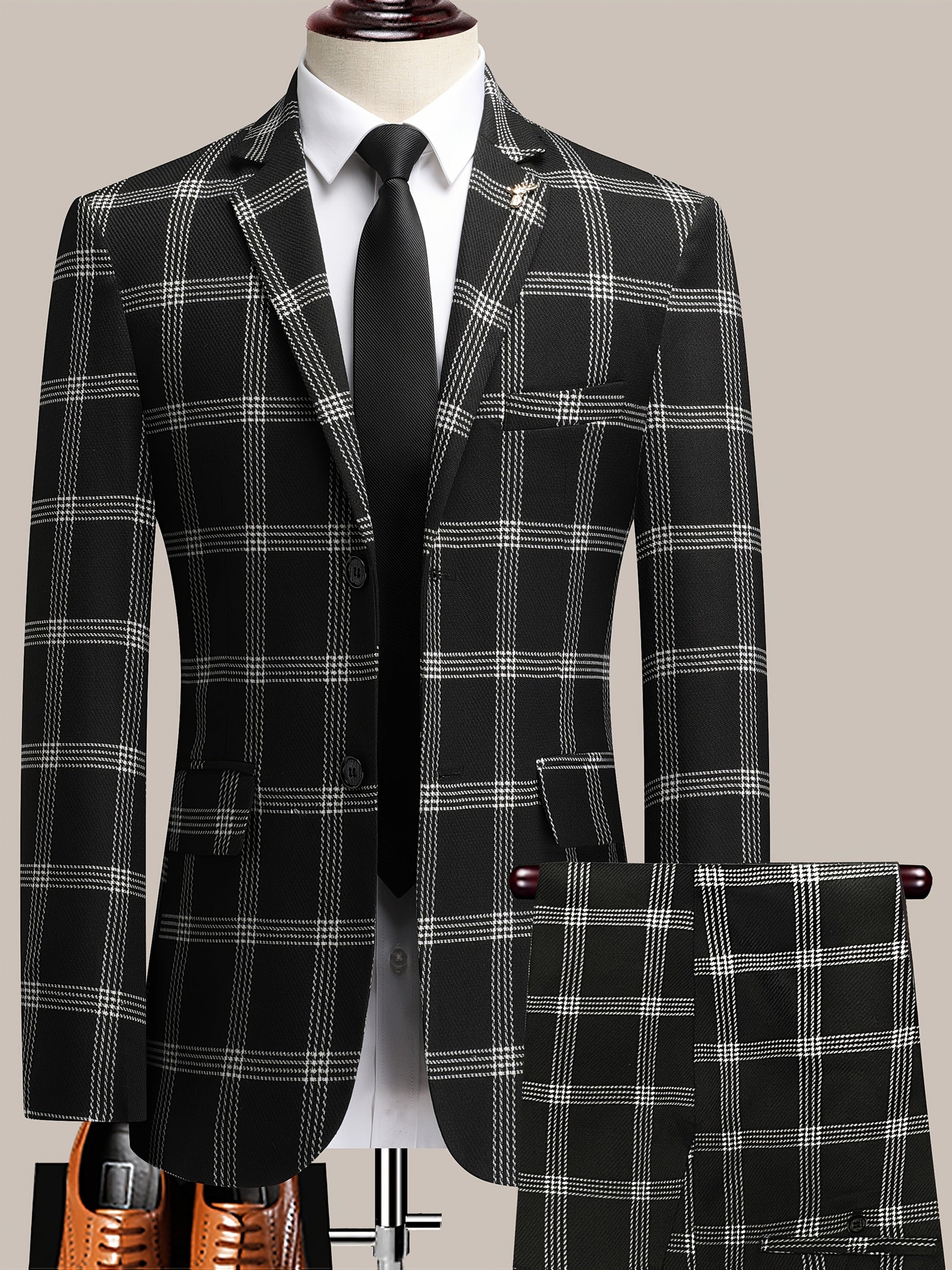 Men's Suit Set – Men's Black Grid Polyester Slim-Fit Dress – view 19