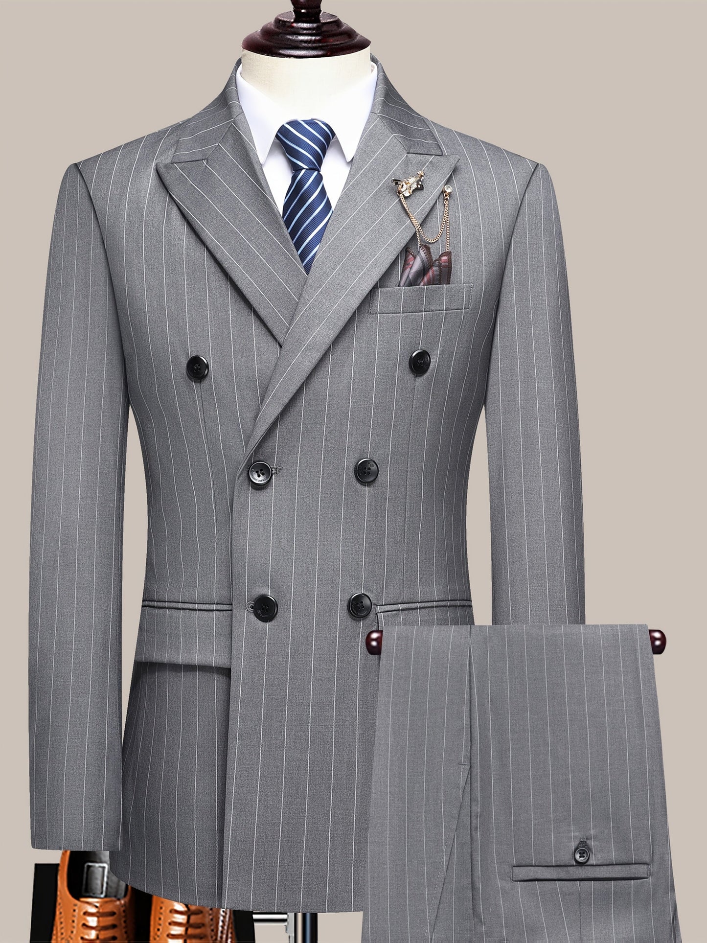 Men's Suit Set – Men's White Stripes Lace Striped Long-Sleeve Dress – view 11