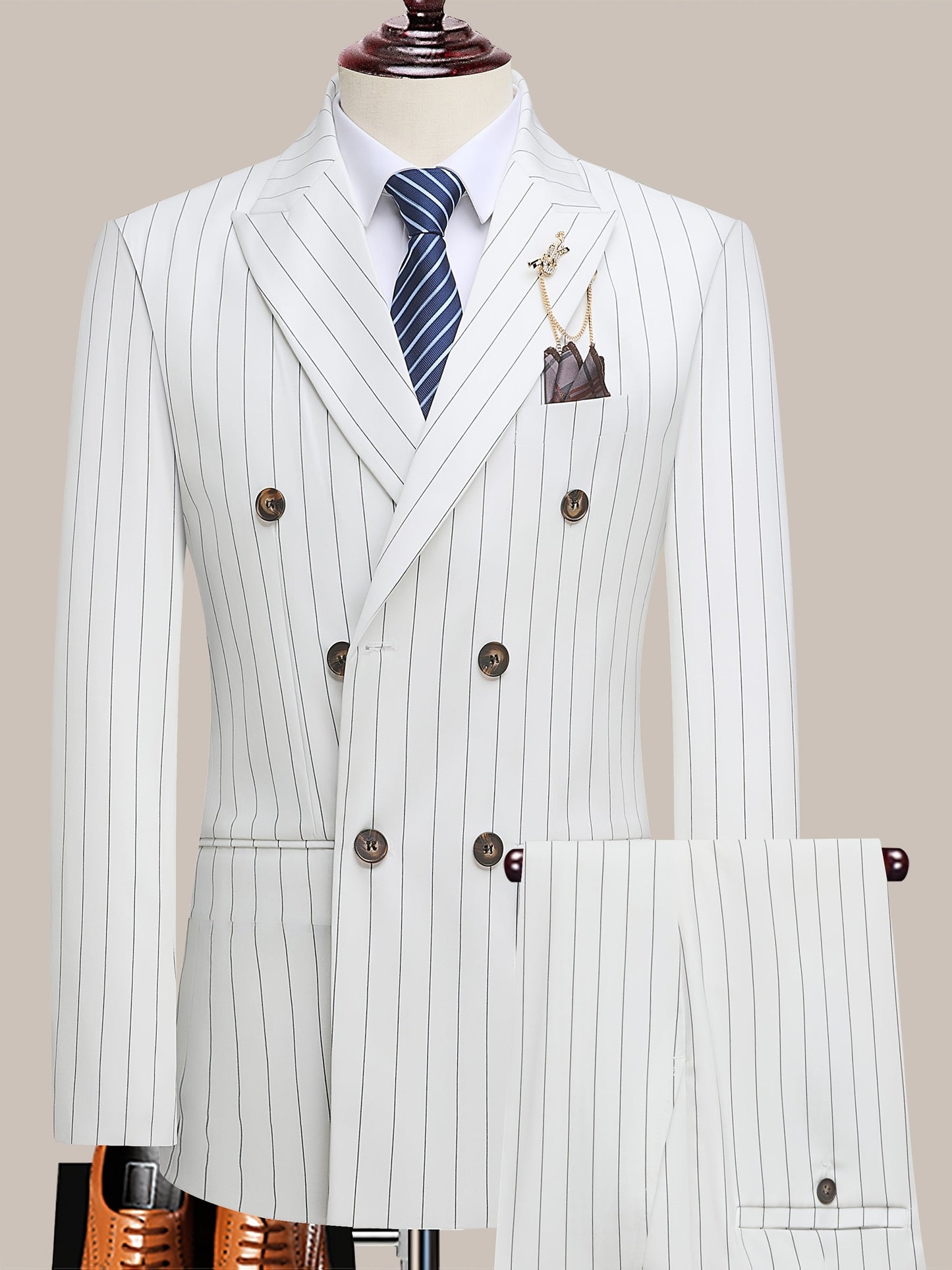 Men's Suit Set – Men's White Stripes Lace Striped Long-Sleeve Dress – White option – main product image