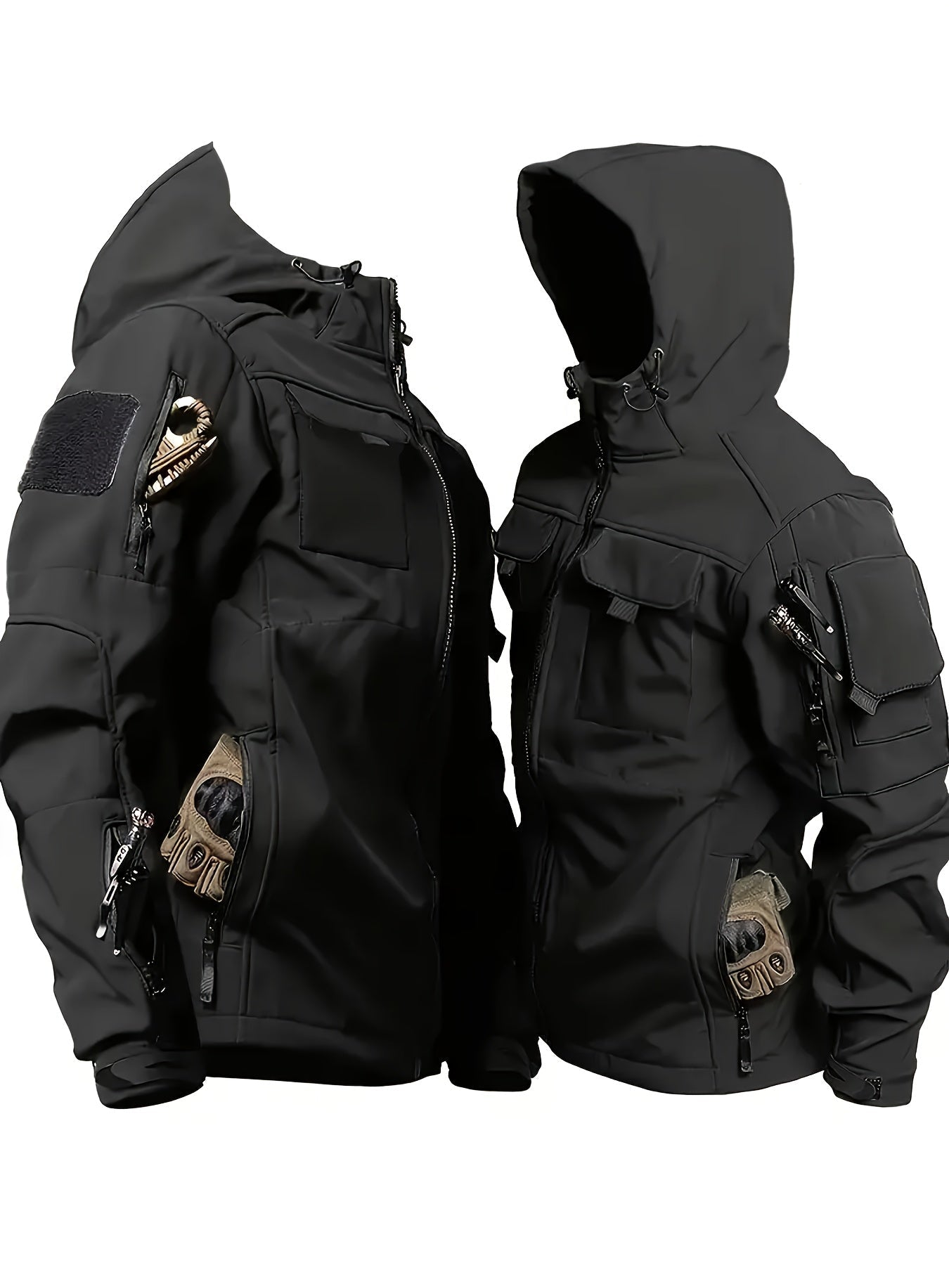 Men's Tactical Softshell Jacket - Hooded Multi-Pocket Windbreaker – Black option – view 2
