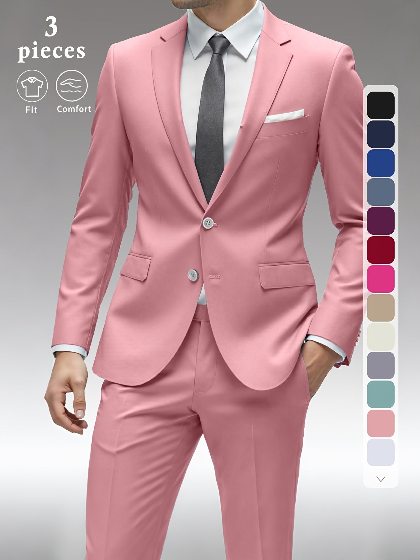 Men's Three-Piece Formal Suit - Slim Fit Solid Color – view 2