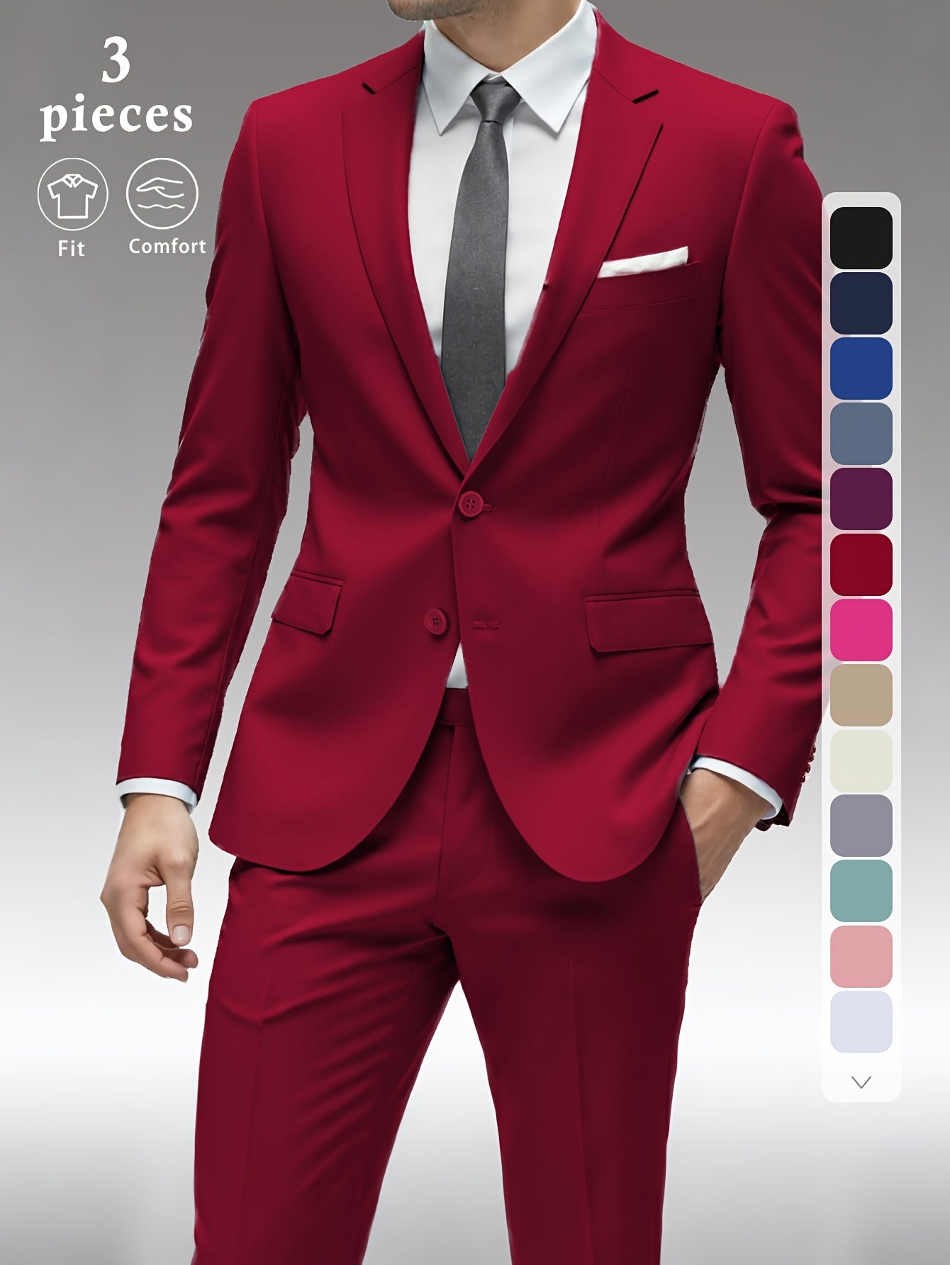 Men's Three-Piece Formal Suit - Slim Fit Solid Color – view 15