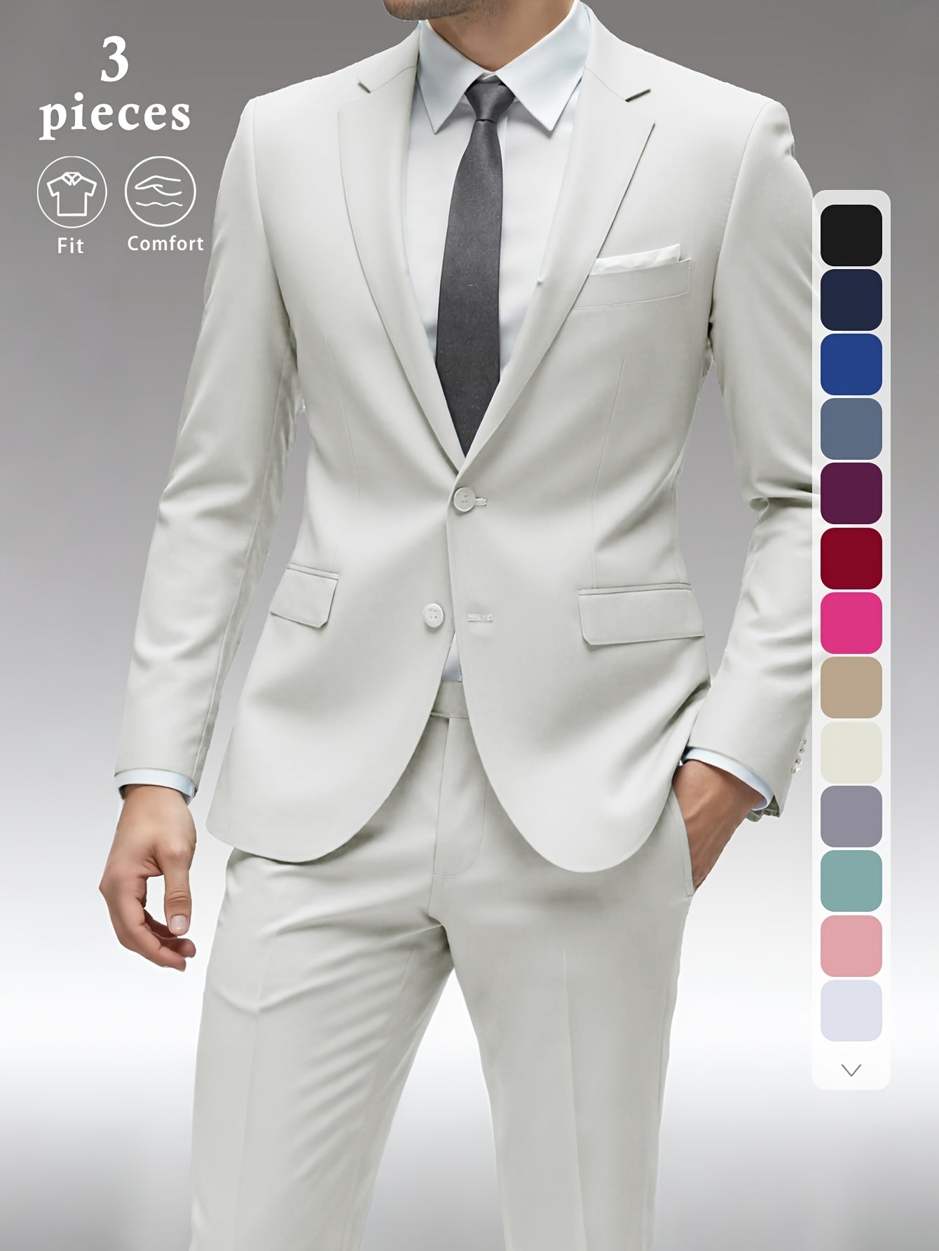 Men's Three-Piece Formal Suit - Slim Fit Solid Color – view 19