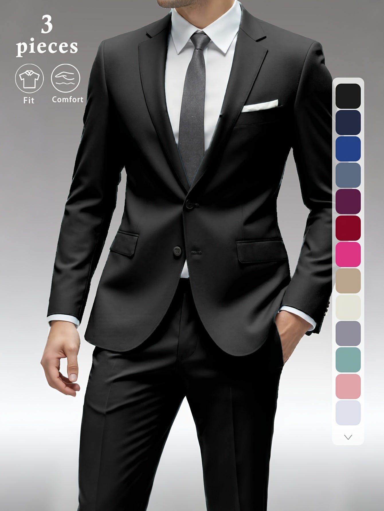 Men's Three-Piece Formal Suit - Slim Fit Solid Color – Black option – main product image