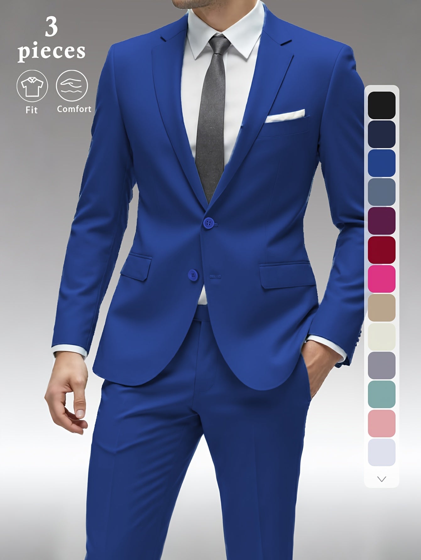 Men's Three-Piece Formal Suit - Slim Fit Solid Color – Black option – view 3