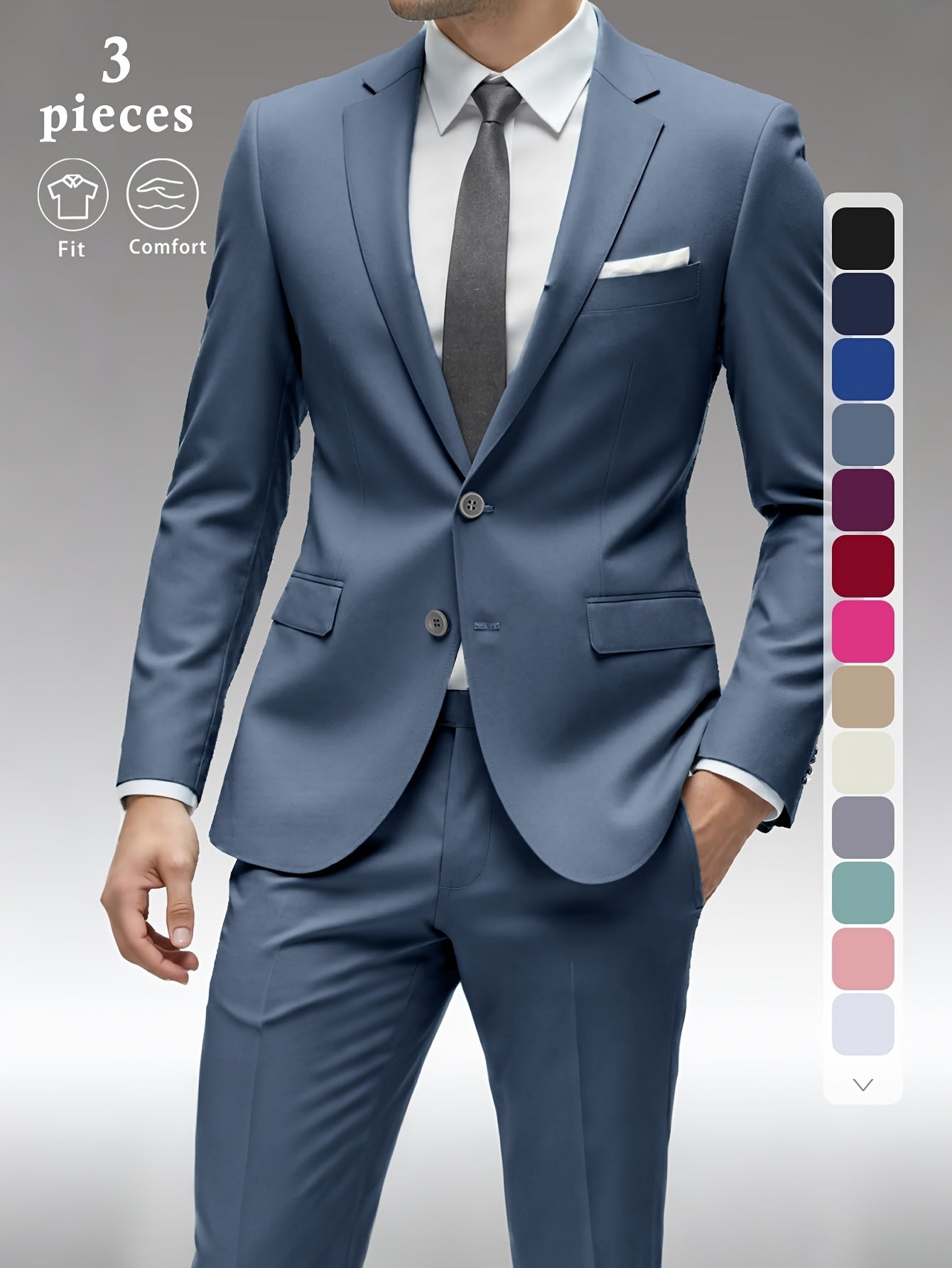 Men's Three-Piece Formal Suit - Slim Fit Solid Color – Black option – view 8