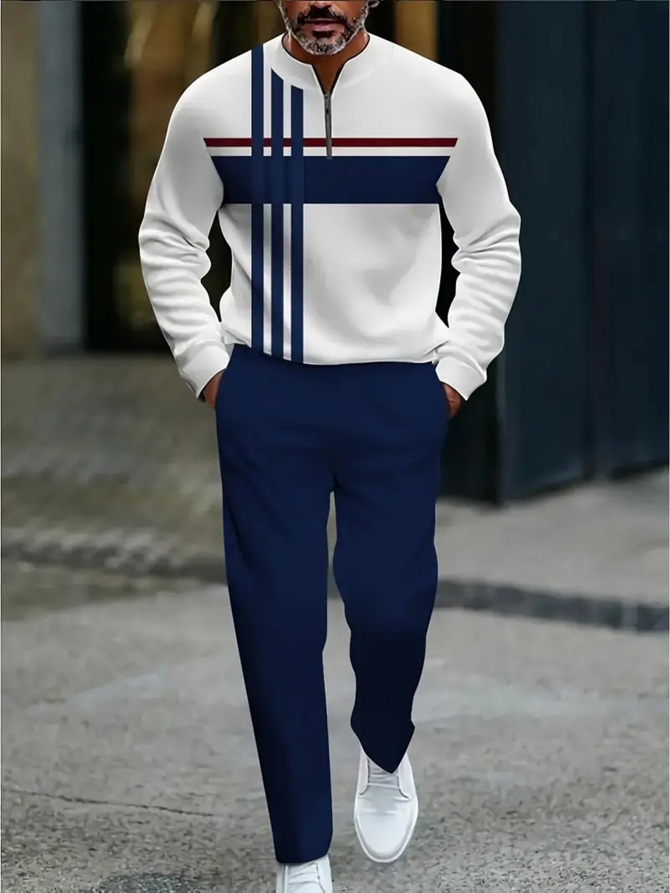 Men's Tracksuit Jacket and Pants Set - Geometric Print Cold-Weather Style – Blue option – view 2