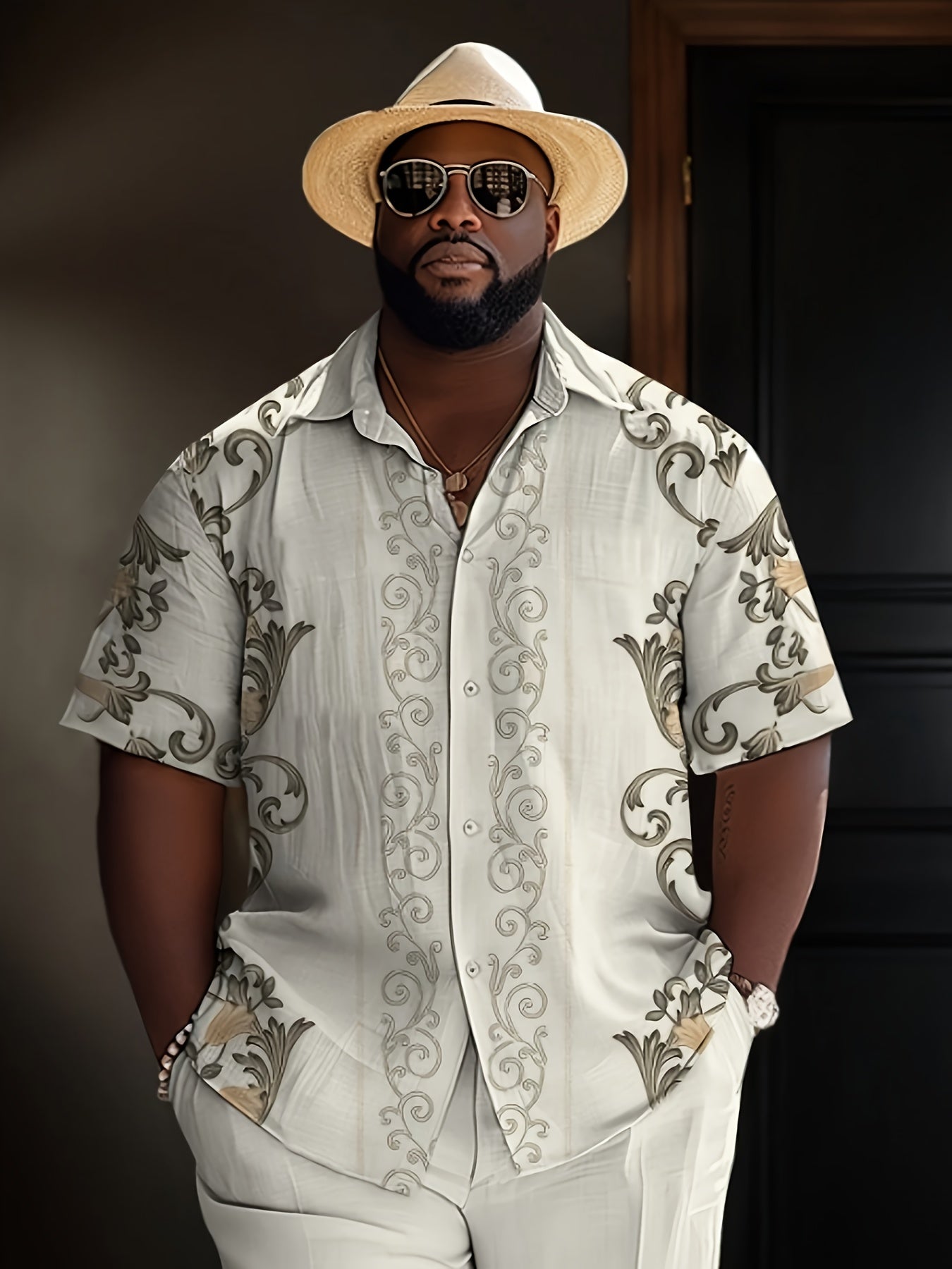Men's Tropical Print Shirt - Collared Short Sleeve – Beige – Beige option – main product image