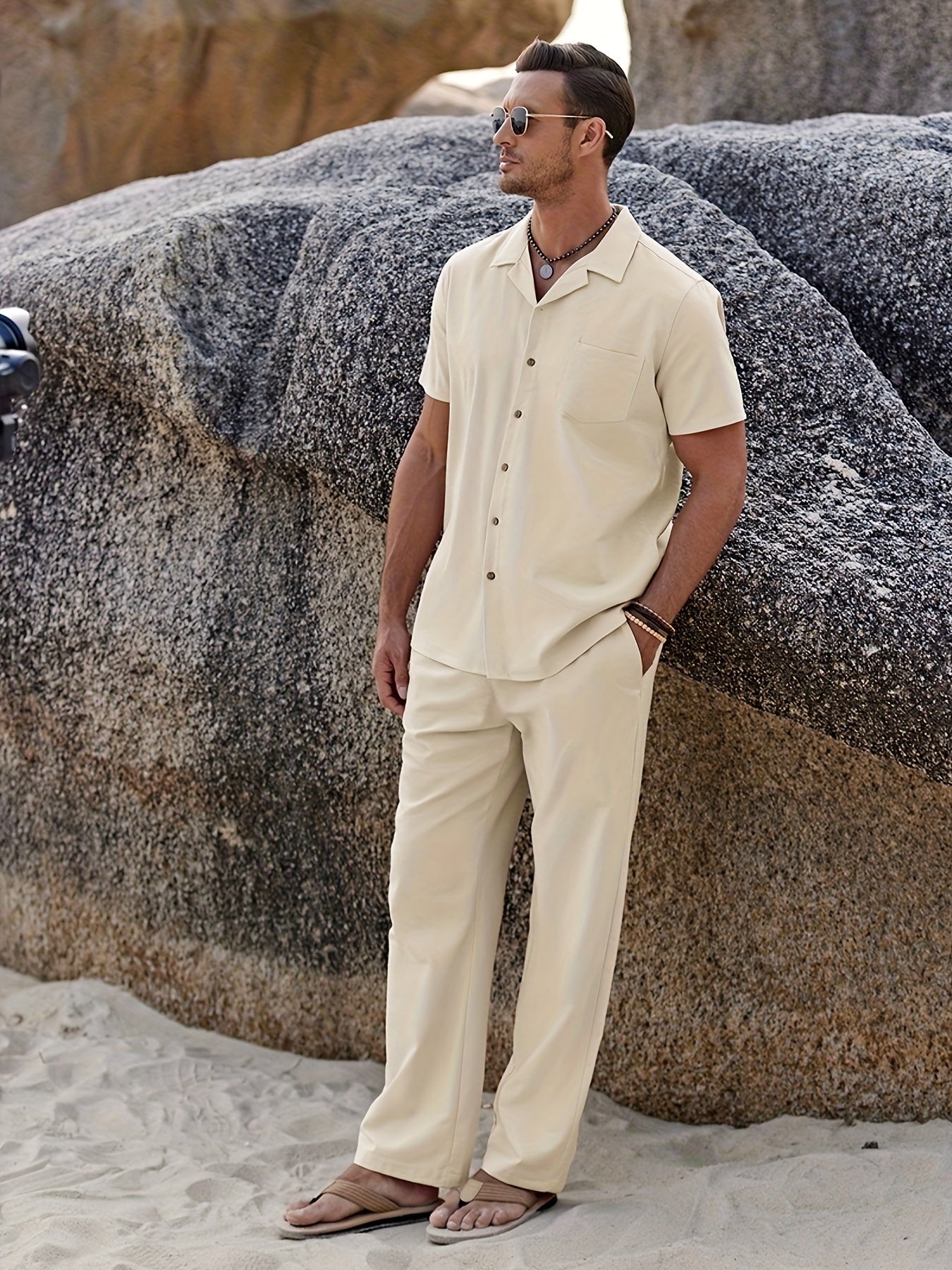 Men's Two-Piece Outfit Set - Short Sleeve – Black Linen – view 2