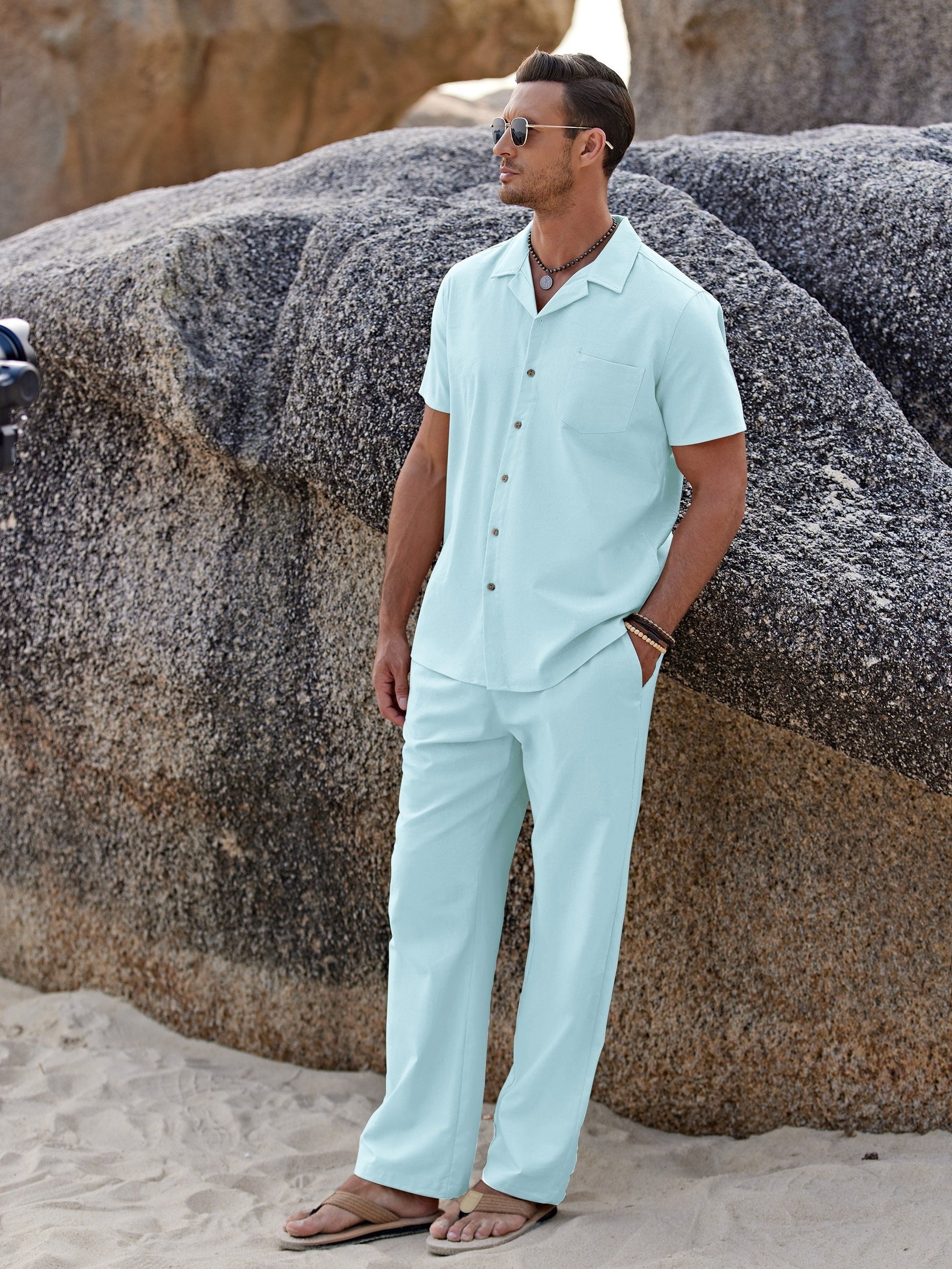 Men's Two-Piece Outfit Set - Short Sleeve – Black Linen – view 5