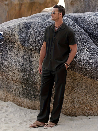 Men's Two-Piece Outfit Set - Short Sleeve – Black Linen – view 9